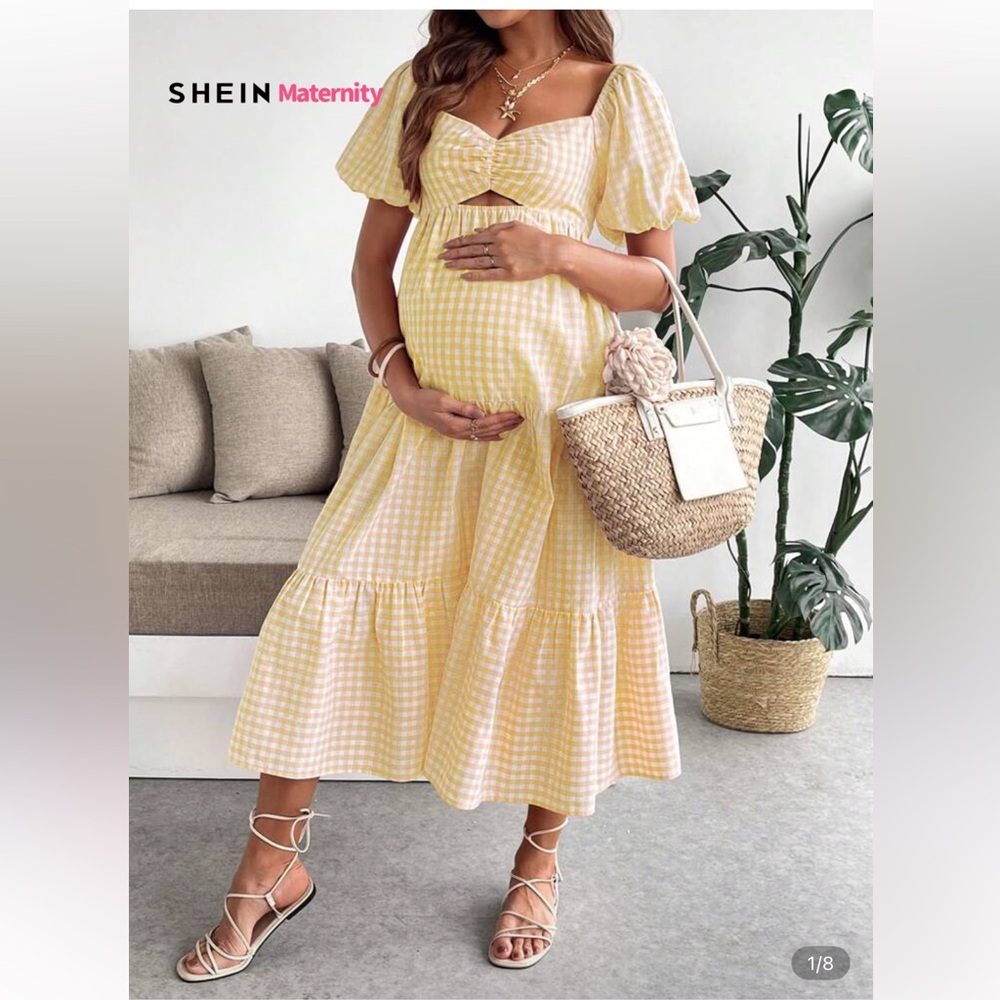 NEW! Maternity Dress Yellow Gingham Baby Shower Wedding Gender Reveal NWT Size S